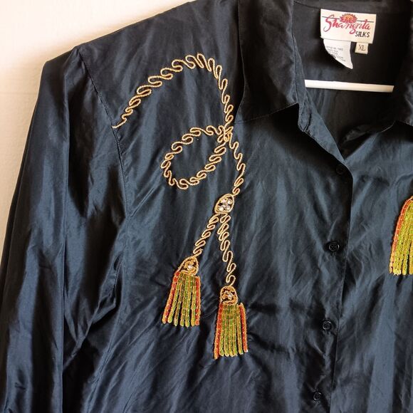 Shangrila Silks Shirt Black Long Sleeve Button Down Sequined Womans XL Vintage - Picture 3 of 13